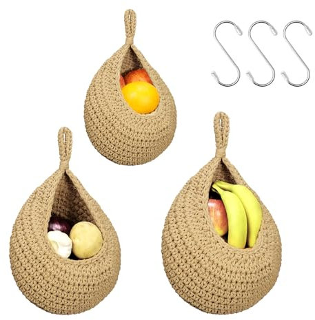 MDDK DY 3Pcs Corbeille A Fruit Suspendue,Panier de Fruits et Legumes Suspendu Au Mur,Panier Mural en Jute Tressé à La Main en Forme de Goutte D'eau,Panier Suspendu Rangement pour Cuisine,Salon,Porche