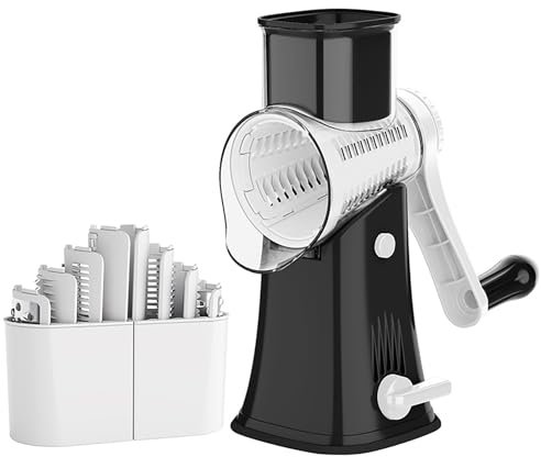 RoseFlower 5-in-1 Grattugia Formaggio Rotante, Grattugia da Cucina Multifunzione Velocità 30 Secondi per Formaggio, Carote, Verdure, Patate, Cioccolato, Noci, Mandoline - Nero