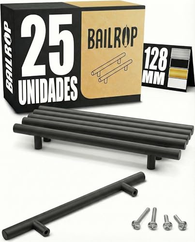 BAILROP Tiradores Cocina Negros 128MM - Tiradores Negros Armarios para Muebles de Cocina o Dormitorios de Acero Inoxidable (25 unidades)