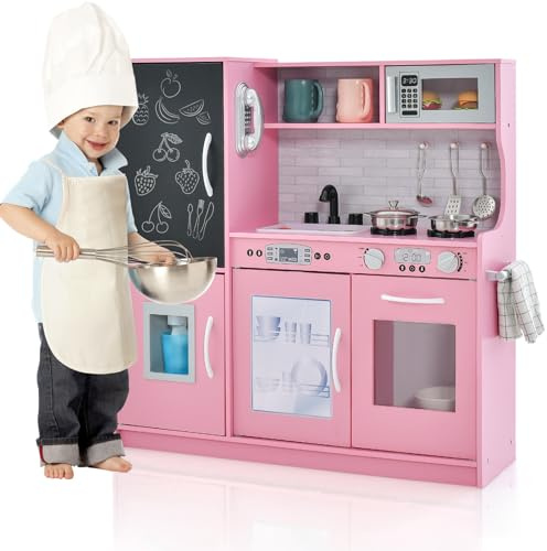 HOMASIS Cucina Giocattolo con 10 Accessori, Cucina in Legno per Bambini con Suoni con Lavagna, Lavello, Fornelli, Macchina del Gelato, Telefono, Cucina per Bambini dai 3 Anni (Rosa)