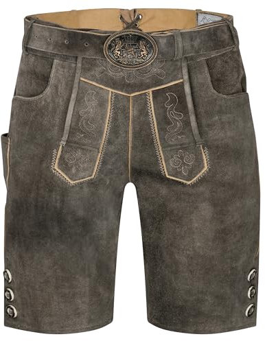 Schöneberger Trachten Couture Herren Lederhose kurz mit Trachtengürtel, Trachten Lederhose braun antik für Oktoberfest, Original Nubuk-Leder, Tegernsee (48)