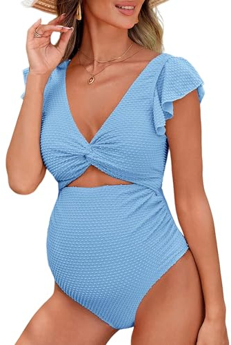 FEOYA Maternity Puffle One Piece Badkläder Front Cross Pregnance baddräkt sommar bikini Badkläder dräkt för graviditet S–XL, blå, XL