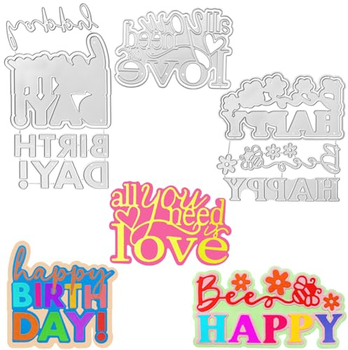 SENHAI - Set di 3 fustelle per realizzare biglietti, stencil fustellati con scritta Happy Birthday Wishes Words & Bee Happy Flower Wishes Words & All You Need is Love Words, modello per goffratura