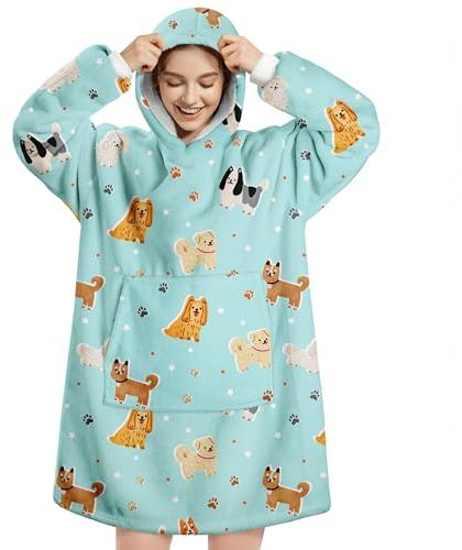 Queenshin Sudadera Manta con Capucha y Bolsillo Batamanta Mujer Hombre Perro Azul, Oversize Hoodie Poncho Sherpa Suave y Acogedora, Talla Única