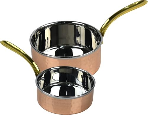Saucepan Set 2 Pieces Copper & Stainless Steel with Hammered Brass Handles Traditional & Stylish for Modern Cooking & Serving (11cm - 300ml & 13cm - 530ml)