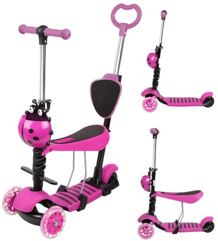 Trottinette pour Enfants 3 en 1 à 3 Roues LED, Hauteur Réglable | Selle et Dossier Amovibles, Canne Télescopique, Charge Max. 20 kg, Frein Arrière, Dès 2 Ans