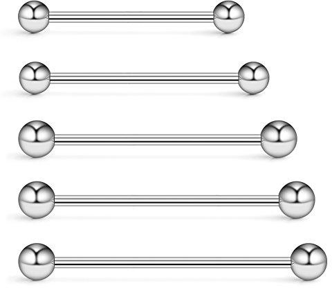 Ruifan 5PCS 14 Gauge Mix Sizes Industrial Barbell Cartilage Earring Body Piercing Jewelry 28mm 32mm 35mm 38mm 40mm - Silver
