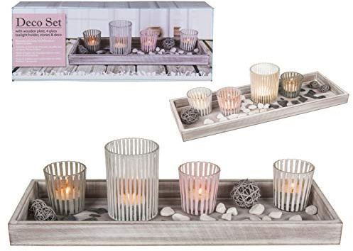mucHome Deko-Holzteller Dekoteller Geschenkset mit 4 Glas-Teelichthaltern, Steinen und Dekokugeln, Windlichter stimmungsvolle Tischdekoration weiß, grau und pink ca. 40 x 14 x 10cm