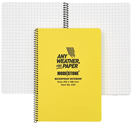MODESTONE Outdoor Notizbuch A5 21 x 14,8 cm gelber Cover | Spiralbindung seitlich 50 Blätter kariert 7x7mm ohne Rand | wasserfest reißfest feuerfest