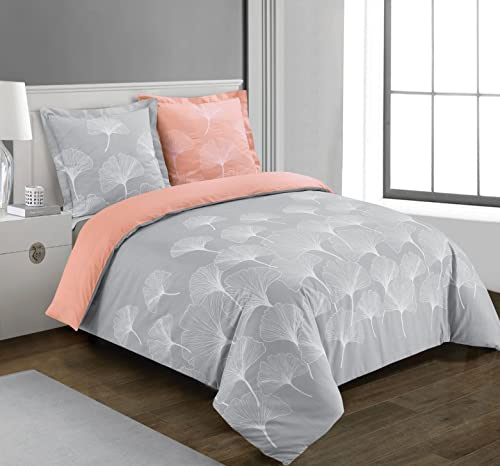 Vision - Juego de ropa de cama reversible 100% algodón - Gris Ginko/Rosa - Juego de funda nórdica de 200 x 200 cm con 2 fundas de almohada para cama doble - Fibras naturales - Oekotex