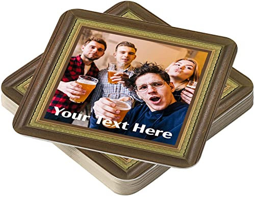 Personalised Beer Mats Photo Coasters Drinks Mats - Pack of 12 with Framed Photo Effect - Home Bar Accessories Gifts - Cardboard - Add Own Photo and Text