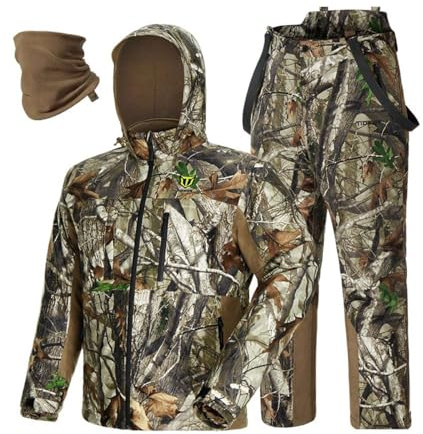 TIDEWE Hunting Clothes for Men with Face Mask, Silent Waterproof Hunting Jacket and Adjustable Bibs, Insulated-Lined, Safety Strap Compatible (Next Camo G2 Size L)