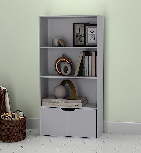 URBNLIVING 4 Tier Wide Wooden Bookcase Cupboard with 2 Doors Storage Shelving Display Shelf Cabinet Unit (Grey with Grey Doors)