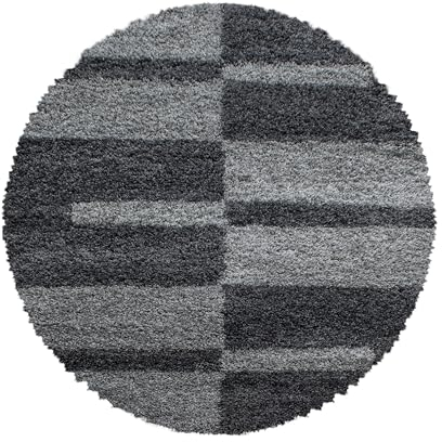 Carpettex Hochflor Teppich - Wohnzimmer Shaggy Flokati Modern Kariert Design 200 cm Rund Grau - Schlafzimmer Weich Flauschig Waschbar - Küche Esszimmer Langflor
