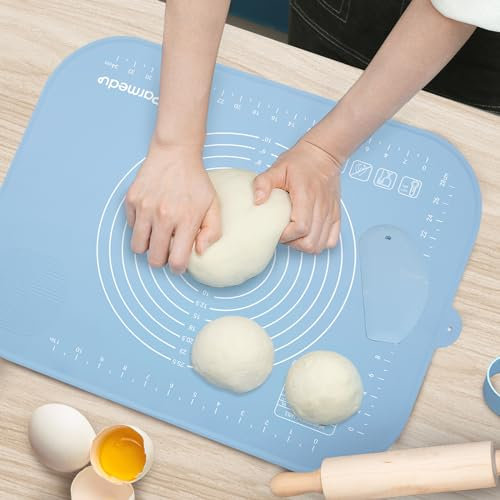 Parmedu Tapis de Cuisson en Silicone: Tapis de Pétrissage Épais Antiadhésif 50x40cm en Taille Compacte avec Ceinture de Rangement & Coupe-Pâte - Tapis de Roulement de Pâte Tapis Résistant à la Chaleur