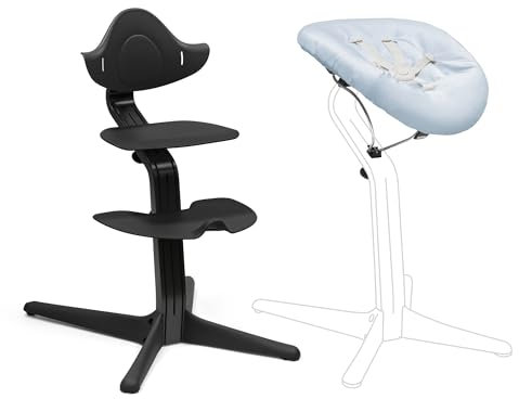 Stokke Nomi Silla (Negra/Negra) + Newborn Set (Negro/Azul Grisáceo) - Incluye un Arnés de Seguridad de Cinco Puntos y Un Set de Tela Reversible y Lavable - Soporta hasta 150 kg