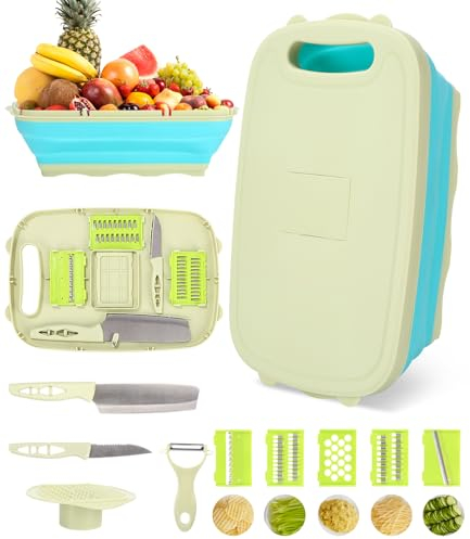 11 en 1 planche a decouper camping, Panier de Drainage Pliable avec 5 Trancheuses Différentes,camping accessoires,pour Les Cuisines & Voyages (vert)