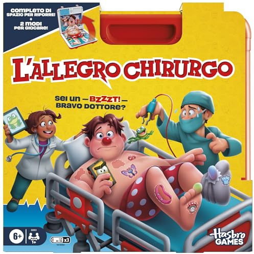 Hasbro Gaming, L'Allegro Chirurgo, Gioco da Tavolo Elettronico, Ideale per Famiglia e Amici, per Bambini e Bambine dai 6 Anni in Su, Include Valigetta Tutto in Uno, per 1 o Più Giocatori, in Italiano