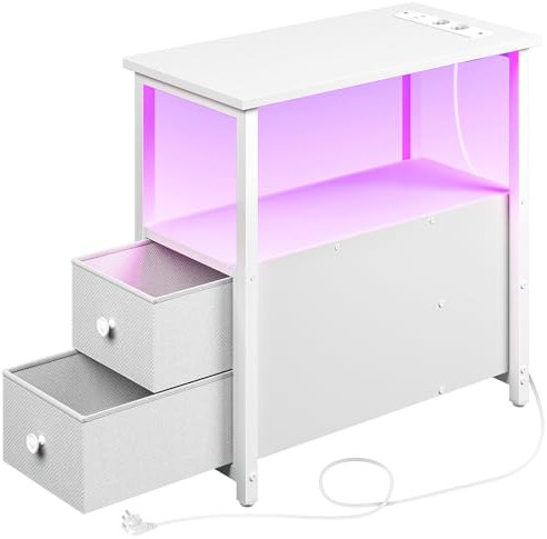 Rolanstar Beistelltisch mit Steckdosenleiste, Schmaler Nachttisch mit 2 Schubladen, Sofatisch aus Holz für kleine Räume Wohnzimmer Schlafzimmer, weiß, 58L x 28B x 60H cm