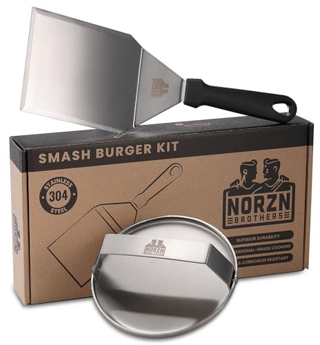 Norzn Brothers® Smash Burger Set - Presse Burger, Spatule Plancha, Presse Steak Haché, Spatule pour Barbecue, Presse Smash Burger, Certifié EU Alimentaire, Acier Inoxydable 304, Garantie 10 Ans