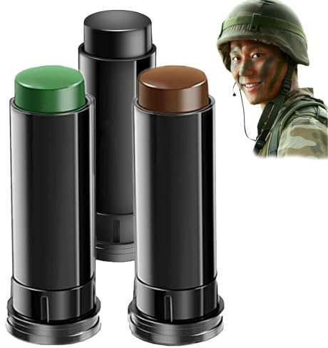 Camouflage Face Paint Sticks, 3 Pezzi pittura per il viso Mimetica, Bastoncini di Pittura per Il Viso Mimetici, Pittura del Viso E del Corpo, Trucco Militare Mimetico (Nero, Marrone, Verde)