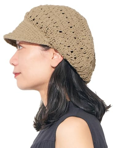 CHARM Vintage virkad ballongmössa för kvinnor, tillverkad av 100 % bomull, basker sommarmössa med skärm, solhatt och stickad mössa med handgjorda hålmönster, Beige, one size