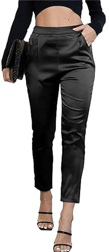 Pantaloni in Raso da Donna, Pantaloni Casual da Donna, Estivi in Raso Casual a Pieghe a Vita Alta