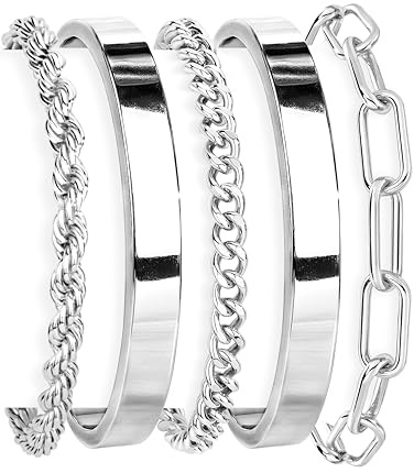 Gokeey Chunky Silver Bracelets for Womenc Trendy, Silver Cuff Bracelet Non Tarnish Rope Cable Paperclip Cuban Link Chain Bangle Bracelet Set Jewelry