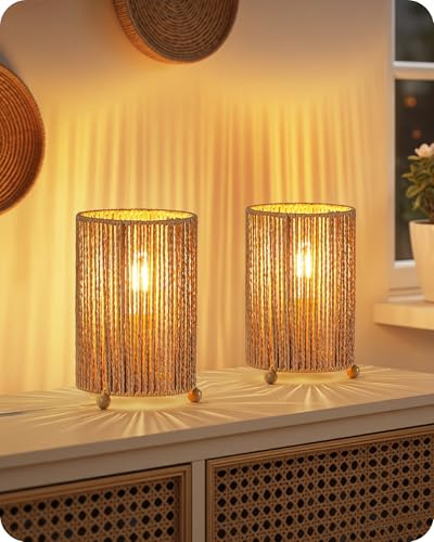 GOEBLESON Lámpara de Mesa de Imitación ratán, Juego de 2, Pantalla Tejida a Mano, con Bombilla LED de 4W 2400K Luz Cálida, Lámpara de Mesita Bohemia, para Dormitorio, Oficina, Salón ZS11TLDP205