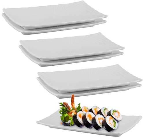 imposyu Juego de 6 Platos Rectangulares Ceramica Fuentes Rectangulares Bandejas Blancas 20x9x1,4cm Bandeja Decorativa de Rectangulares para Filete, Bocadillo, Postre, Ensalada
