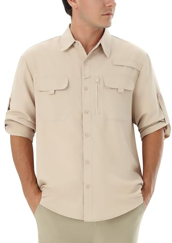 Autsel Camisa Hombre Casual Outdoor para Pesca y Senderismo, Camisa de Protección Solar UPF 50+ con Secado Rápido, Camisa Técnica Transpirable de Manga Larga para Viaje Kaki L