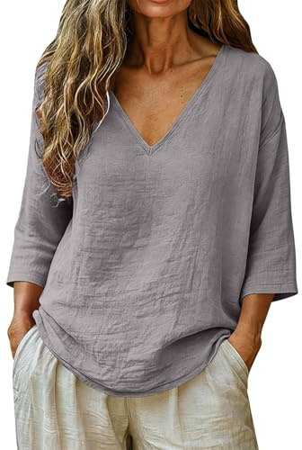 Maglietta Manica 3/4 Donna Cotone Lino Scollo a V Magliette Estiva Casual Leggera Comoda Basic Tshirt Tops Elegante Curvy Maglie Moda Tinta Unita Taglie Forti Camica Blusa per Vacanze Tempo Libero