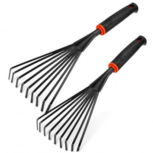 Rastrello da giardino, piccolo rastrello a mano, rastrello da giardino, in metallo, con manico ergonomico antiscivolo, per foglie, erbacce e taglio dell'erba, un pratico attrezzo da giardino