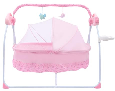 HHEMSTD Electric Baby Cradle, 5 Speed Smart Rocking Swing with Bluetooth Lullabies Foldable Portable 55lbs Capacity for 0-18 Months Nursery Living Room, Pink