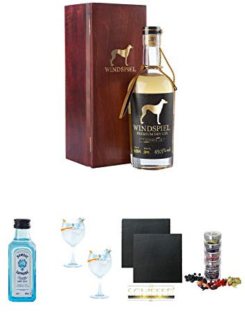 Windspiel Premium Dry Gin RESERVE 0,5 Liter 49,3% in Holzkiste + Gläser und Gewürzset