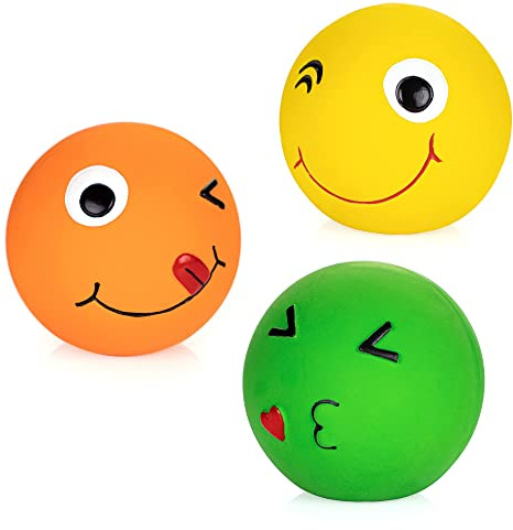 CHIWAVA 3 Pack 2.7'' Latex Squeaky Dog Toy Ball Smiley Face Round Balls Interactive Fetch Play for Medium Dogs