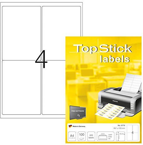 TopStick 8775 universella etiketter A4, set med 10 (99,1 x 139 mm, 1 000 ark, papper, matt) självhäftande, utskrivbara, permanenta adressetiketter, 4 000 fraktetiketter, vit