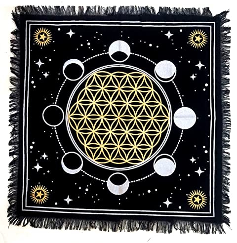 INDACORIFY Altar-Tischdecke mit Fransen Alter Tarot Hexerei Spread Tischdecke Meditations-Spirituelles heiliges Tuch 18 x 18 Zoll (Gold- und Silbermondphasen mit Blume des Lebens)