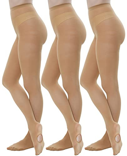 MANZI 3 Pairs Convertible Dance Tights for Women Transition Ballet Stockings Suntan XX-Large