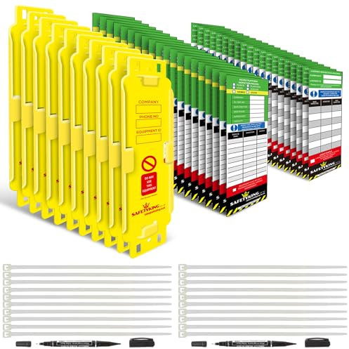SAFETYKING® Ladder Tags, Ladder Inspection Tags, 10 Holders, 15 Inspcetion Insert Stickers, 20 Cable Ties, 1 Marker Pen, Ladder Tag kit with Cable Ties and Marker, Laddertag, Laddertags. (10)
