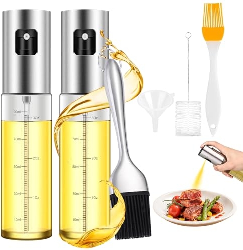 HIYAA Ölsprüher, 2 Stücke 100ml Ölsprüher für Speiseöl Transparen Glas Oil Sprayer Sprühflasche mit Rostfreie Stähle Bürste und kleiner Trichter für Kochen,Grill,Heißluftfritteuse,Salat