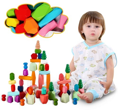 RunHero 58 Stück Stapelsteine Balanciersteine Montessori Holz Bauklötze Spielzeug für Kinder Stapelturm Grimms Holzbausteine Stapelsteine Motorikspielzeug Geschenk für Baby ab 1 2 3 4 5 6 7 8 Jahr