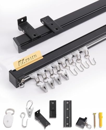 Ezcasch Ceiling Curtain Track 2 Metres/6.56ft, Aluminum Sliding Ceiling Curtain Rail, Ceiling Mounted Curtain Track and Fittings for Room Divider, Windows, Privacy, Black