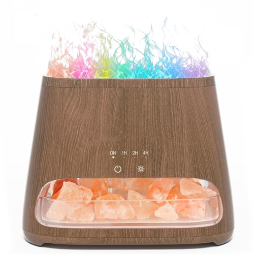 SALKING Difusor de Aceites Esenciales con Efecto Llama, Humidificador Ultrasónico 2 en 1, Lámpara de Sal del Himalaya, Difusor de Aromaterapia 150 ml, 8 Luces LED de Colores con Luz Cálida, sin BPA