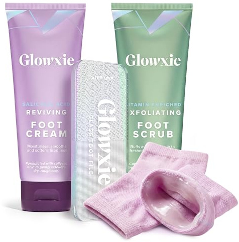 Glowxie Complete Pedicure Gift Set for Hard Skin, Cracked Heels & Calluses | Set Includes Glass Foot File, Exfoliating Foot Scrub, Salicylic Acid Moisturising Cream & Cracked Hell Gel Lined Socks