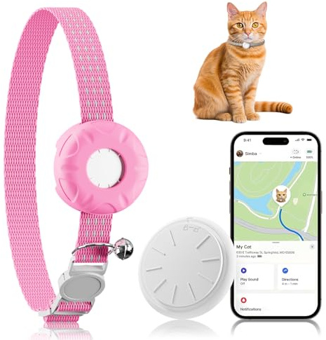 ZFSJTAG Smart Cat GPS Tracker, Cat Tracker Compatible with Apple Find My App (Only iOS), No Monthly Fee, Waterproof (White Tracker, Pink Cat Collar)