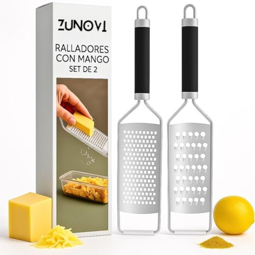 Rallador Set de 2, Rallador de Queso y Zester Fino, Ralladores para Cocina, Acero Inoxidable y Antideslizantes con Tapa Protectora, Mango Ergonómico, Apto Lavavajillas