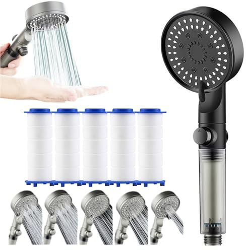 5 - Mode Filtered Shower Head with Handheld - Shower Head with Filters, High Pressure ShowerHead 5 - Mode, Easy Filter Replacement (Black)