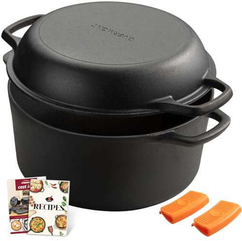Overmont 2 in 1 Pentola Olandese In Ghisa - Padella Casseruola in Ghisa Pre-stagionato con Coperchio - Doppia Funzione Dutch Oven - per Campeggio Cucina Casalinga BBQ Bake - 6.6 L/ 7 Quart
