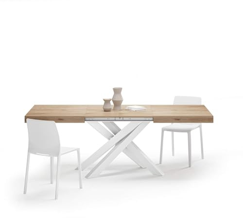 MOBILI FIVER, Table Extensible Emma 140(220) x90 cm, Chêne Clair avec Pieds Croisés Blancs, pour 6-10 Personnes, Table Extensible pour Cuisine, Salon, Made in Italy